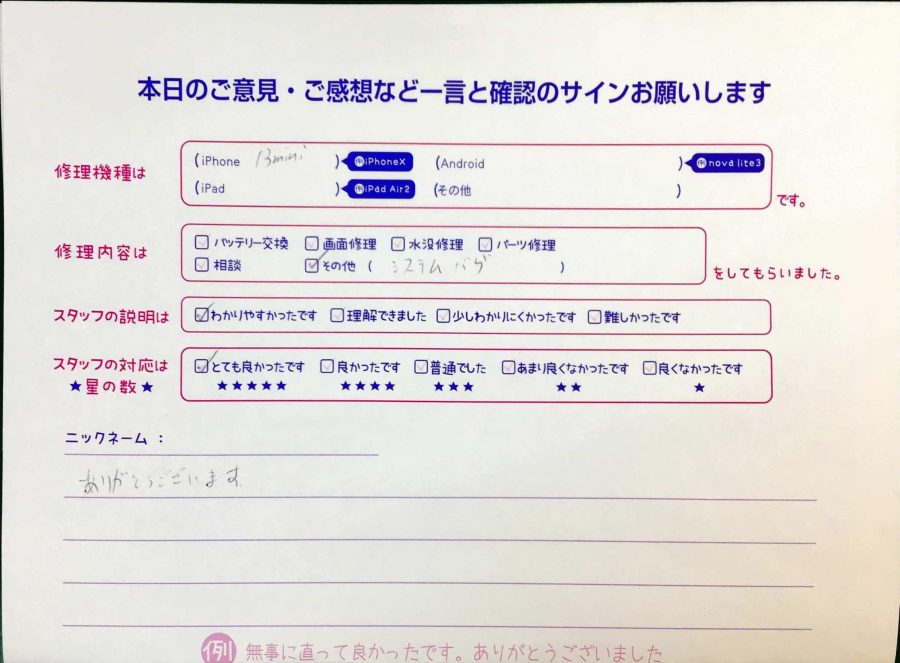 スマホ修理工房京王聖蹟桜ヶ丘ショッピングセンターB館店/iPhone13miniのシステムバグでお越しのお客様から頂いた口コミ 