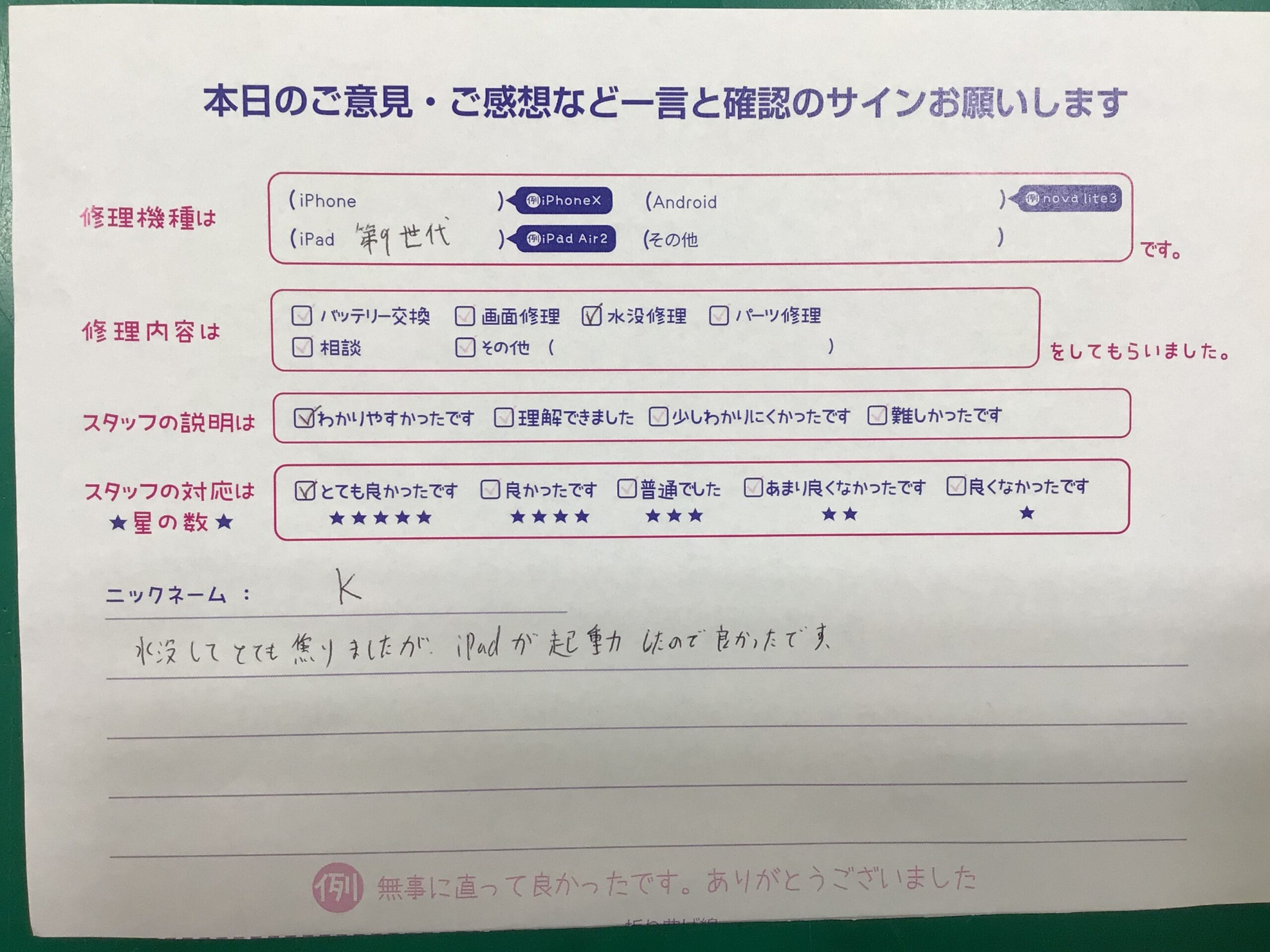 iPhone修理工房町田モディ店/iPad 第9世代の水没修理でお越しのお客様からいただいたお言葉 